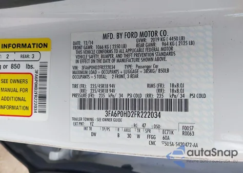 2015 Ford Fusion Se из США, поврежденный, VIN 3FA6P0HD2FR222034